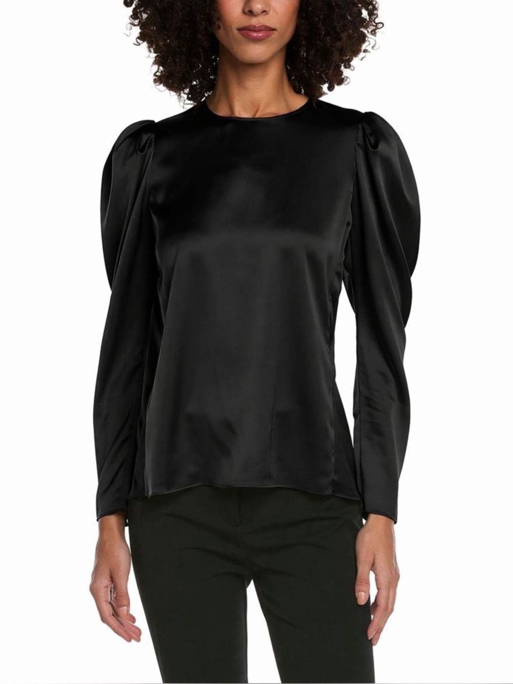 FRAME Draped Femme Blouse Black Satin Puff Sleeve Keyhole Top Size M